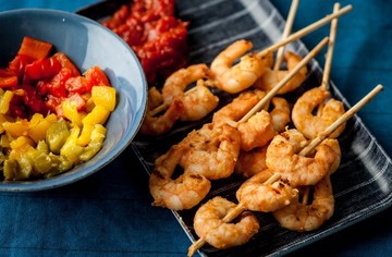 Prawn Kebabs with Tomato Chutney & Roast Peppers
